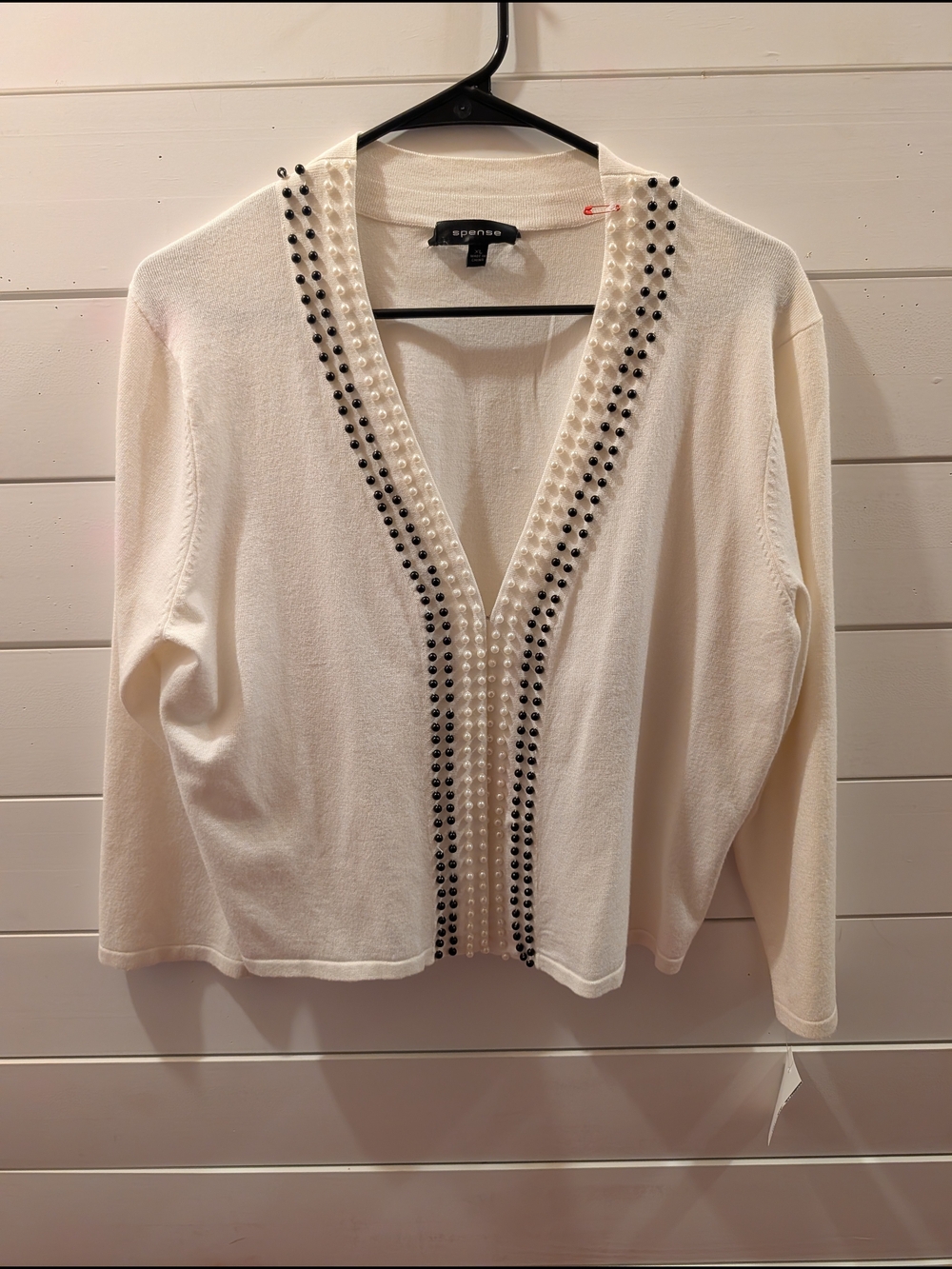 Spense Cream V-Neck Sweater with Black Stud Trim